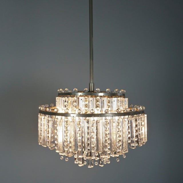 Vintage Chandelier with Floodlight Prisms and Rhinestone Beads Nickel, 1960s For Sale - Image 12 of 13