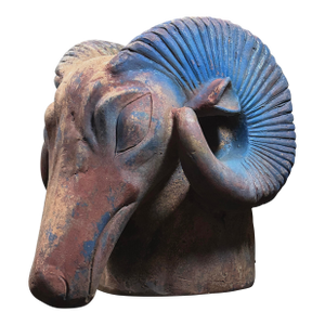 Vintage Monumental Modernist Raku Fired Ceramic Ram’s Head