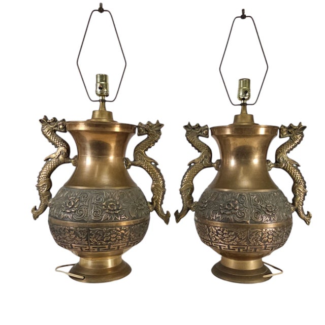 Chinoiserie Pair Hollywood Regency Brass Dragon Table Lamps James Mont Style 20" For Sale - Image 3 of 12