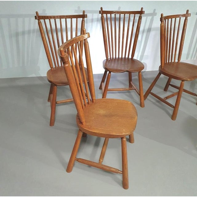 Wood Spindle Back Dining Chairs in Oak from De Ster Geldermalsen with Carved Backrests, 1960s, Set of 6 For Sale - Image 7 of 18