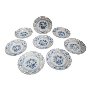 Meissen Blue Onion Porcelain 8 1/2" Reticulated Salad or Dessert Plate Set of 8 For Sale