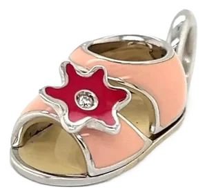 Aaron Basha Diamond 18k White Gold Pink Baby Sandal & Red Flower Charm Pendant