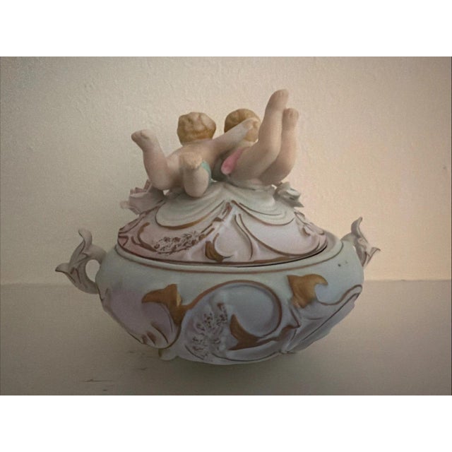 Mid-Century Modern Rare Antique Norleans Bisque Candy Trinket 3 Foot Box Cherub Rose For Sale - Image 3 of 7