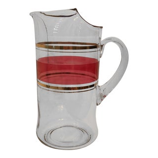 Tall Cranberry and Gold Stripe Glass Pitcher For Sale