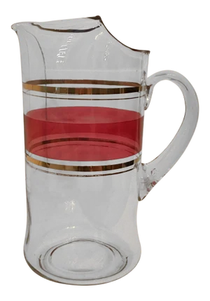 Tall Cranberry and Gold Stripe Glass Pitcher