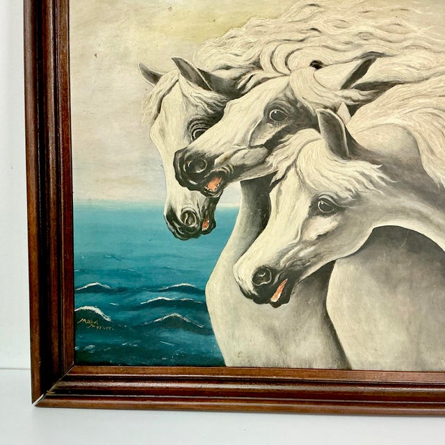1940s Vintage Impressionist Mabel Mercer Original Oil Painting - Three American White Horses For Sale - Image 6 of 13