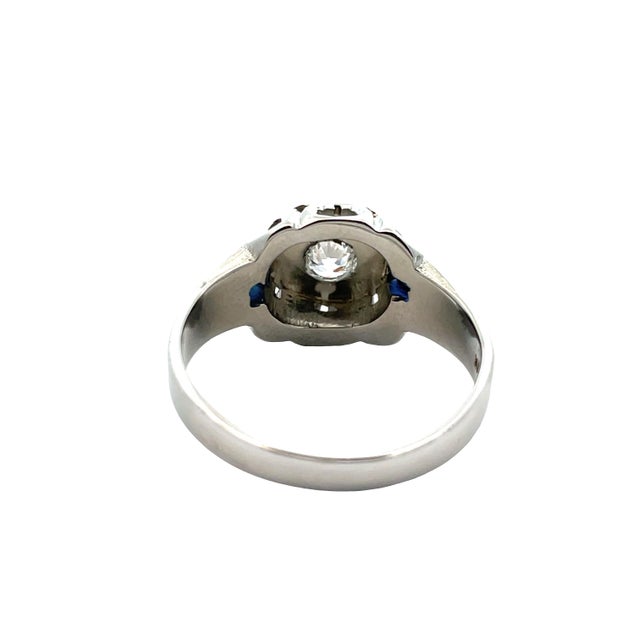 Art Deco Mid 20th Century 18k White Gold Art Deco Diamond & Blue Sapphire Ring, Size 7.75 For Sale - Image 3 of 9