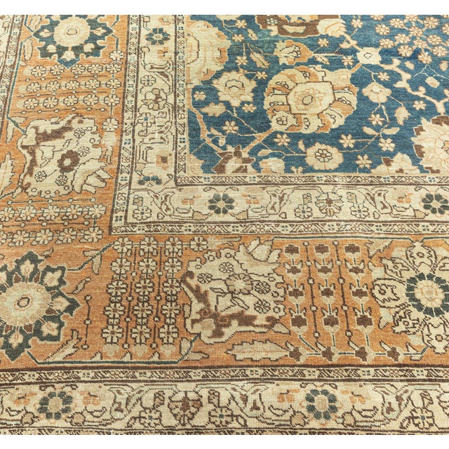 Persian Antique Persian Tabriz Botanic Green Hand Knotted Wool Rug For Sale - Image 3 of 9