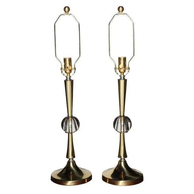 1950s Hollywood Regency Fluted Brass and Crystal Ball Table Lamps - a Pair For Sale - Image 9 of 9