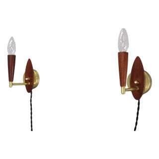 Mid-Century Modern Danish Teak and Brass Wall Lights, 1960s, Set of 2 For Sale
