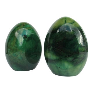 Vintage C1970's Genuine Italian Hand-Carved Alabaster Marble Large Egg-Shaped Malachite Green Bookends - Pair For Sale