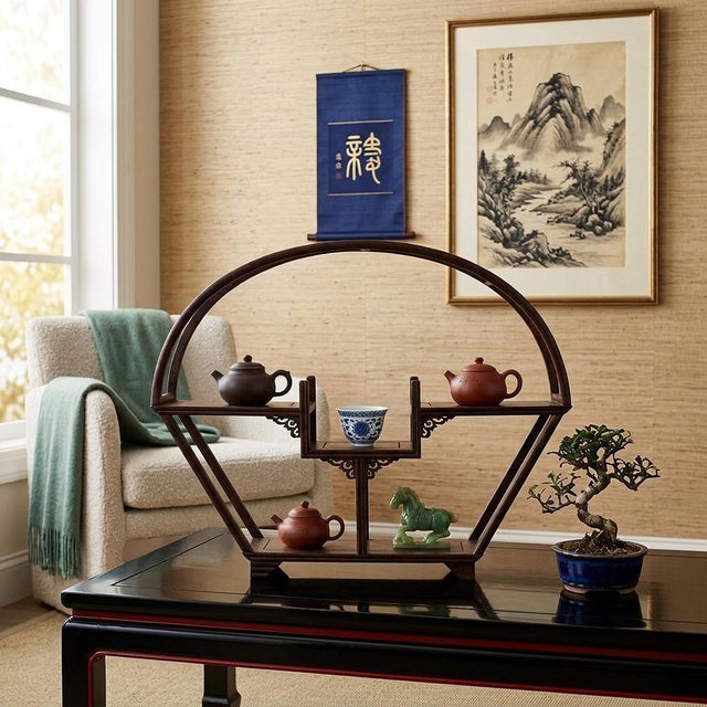 Chinese Oriental Brown Wood Arch Cone Small Curio Display Stand For Sale - Image 9 of 10