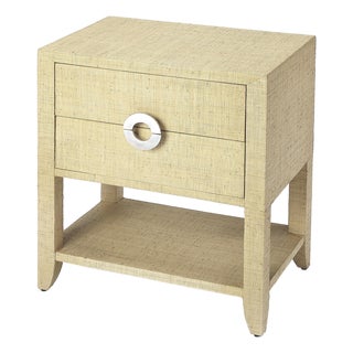 Amelle 24 in. W Rectangular Raffia 2 Drawer Nightstand with Lower Open Shelf, Cream Raffia For Sale