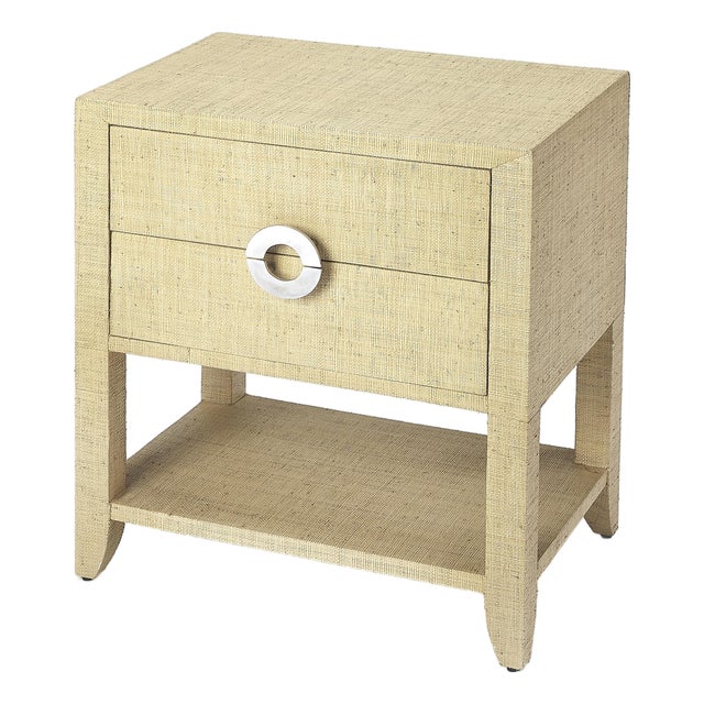 Amelle 24 in. W Rectangular Raffia 2 Drawer Nightstand with Lower Open Shelf, Cream Raffia For Sale