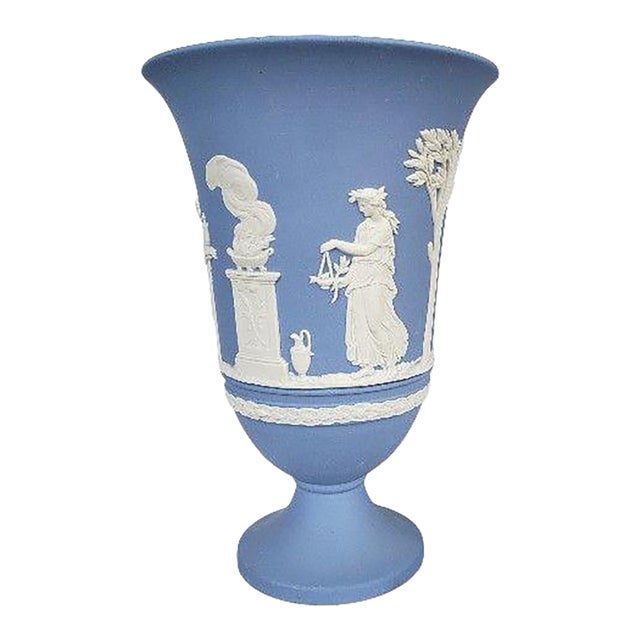 Vintage 1974 Wedgwood Blue Jasperware Trophy Vase - "The Muses" Neoclassical Pedestal Urn For Sale
