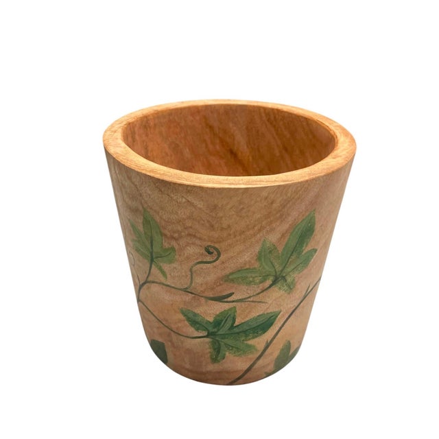 2000 - 2009 Vintage Hand-Painted Teak Wood Botanical Cachepot For Sale - Image 5 of 12