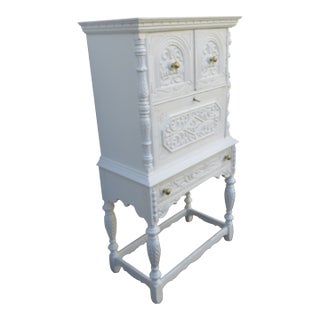 Early 1900s Tall Narrow Carved Painted Secretary Writing Desk 6232 For Sale