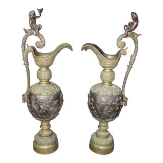 Fine Pair of Bacchonalian Renaissance Revival Bronze Tall Ewers Goblets For Sale