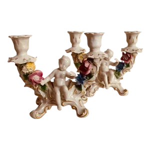 Rare Pair Hand-Painted German Dresden Porcelain 2-Lite Candle Holders - Exquisite 1920s