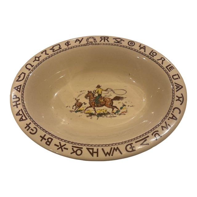 1940s Wallace China Westward Ho Rodeo Pattern Oval 12" Serving Bowl For Sale