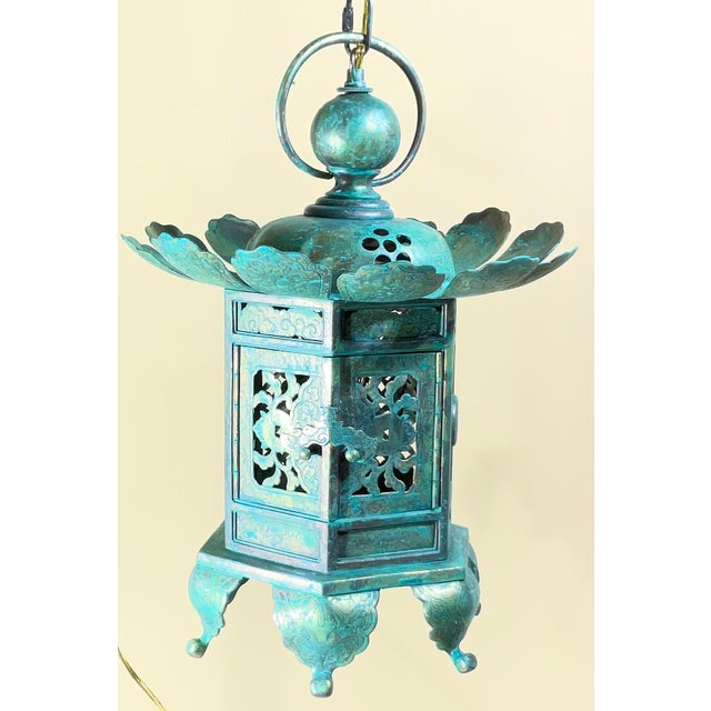 Vintage Japanese Patinated Brass Pagoda Temple Lantern / Pendent -17”x 12” For Sale - Image 12 of 17