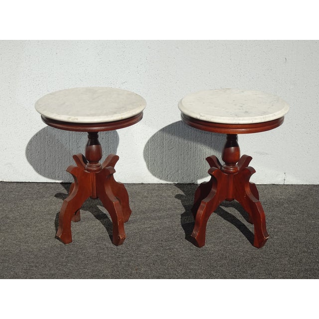 Wood Pair of Antique White Marble Top Mahogany Parlor Round Brown Side Tables Italy For Sale - Image 7 of 18