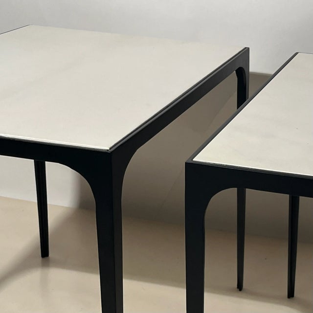 DESIGN FRERES Pair of 'Diagramme' Blackened Iron and Travertine End Tables by Design Frères For Sale - Image 4 of 8