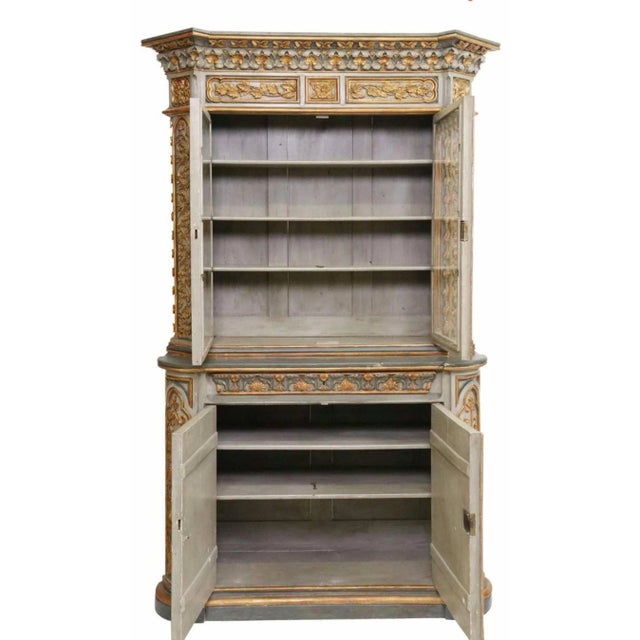 19th Century Monumental 19th Century Gothic Revival Carved Painted Gilded Wood Glass Door Two-Piece Hutch Buffet China Cabinet For Sale - Image 5 of 9