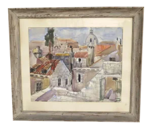 Mid 20th Century "Dubrovnik City" Cityscape Watercolor Painting by Nikola Besevic, Framed