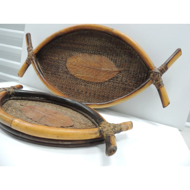 Boho Chic Bamboo and Rattan Oval Nesting Serving Trays - Set of 2 For Sale - Image 3 of 4