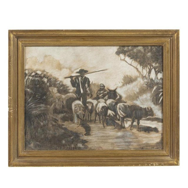Portuguese School Artist, Shepherd with Sheep, Mixed Media on Paper For Sale - Image 6 of 6