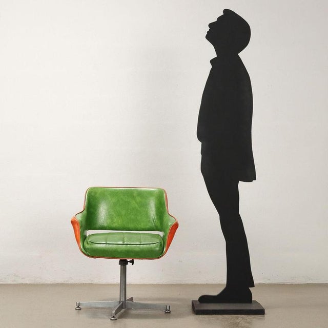 Swivel and height adjustable armchairs, Aluminum base, foam padding, imitation leather upholstery. Good condition, signs...