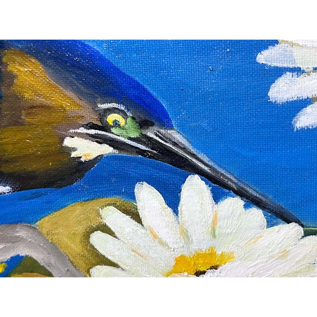 Original painting signed Theo Dodge, lower right. Green (Blue) heron on a branch with white water lilies and a dragonfly,...