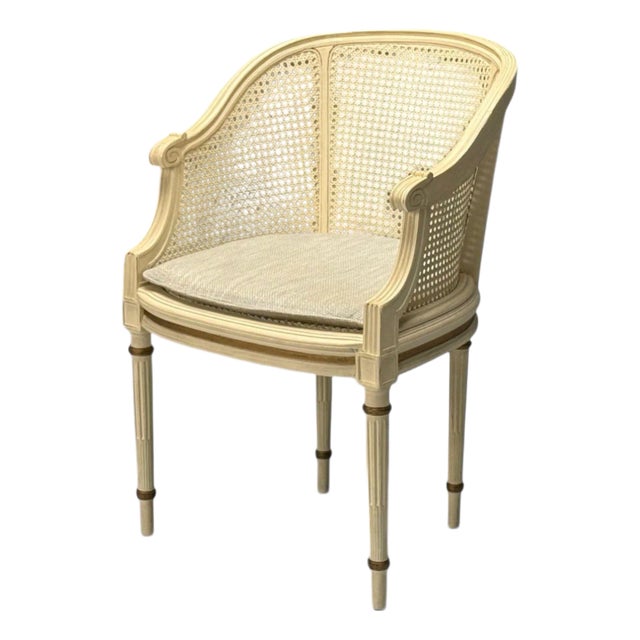 Louis XVI Style, Barrel Back Occasional Chair, Cream Painted Wood, Cane, 1960s For Sale