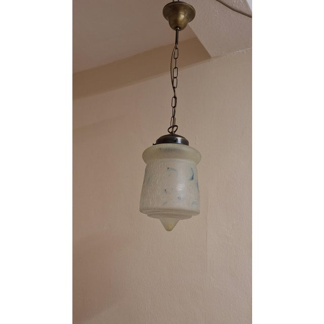 Vintage Art Deco German Ceiling Lamp with Closed Ice Glass Shade with Remains of Colored Painting on Brass Mount, 1930s For Sale - Image 6 of 7