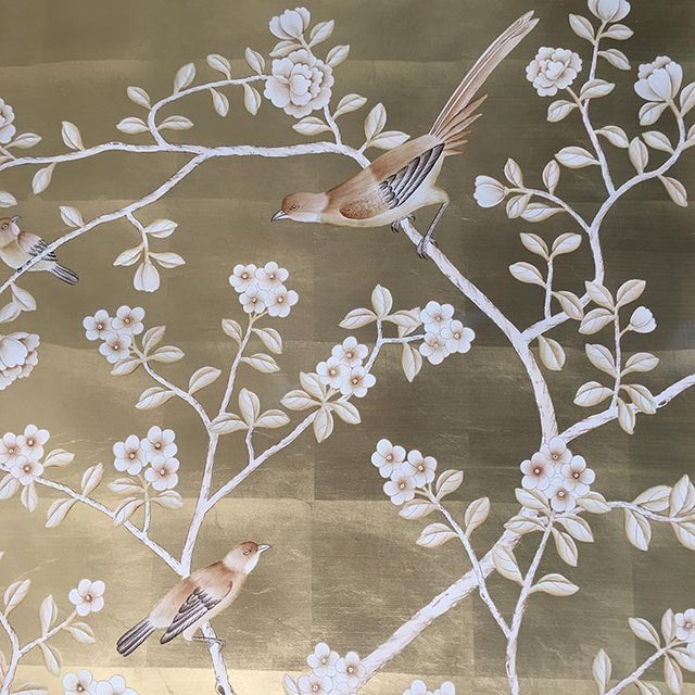 Silver Leaf Chinoiserie Hand-Painted Pale Blue Peony & Bird Wall Panels (Set of 5) For Sale - Image 15 of 15