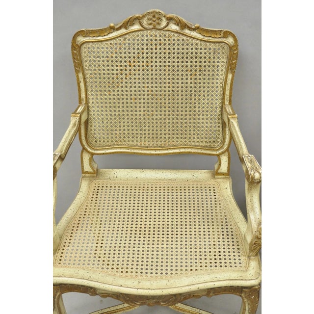 Vintage French Louis XV Style Cream Painted Carved Wood Cane Arm Chairs - A Pair For Sale - Image 16 of 18