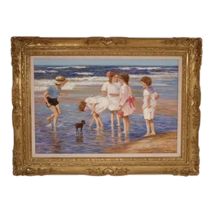 Painting of Girls Playing on the Shore by E. J. Cygne (Born 1929)