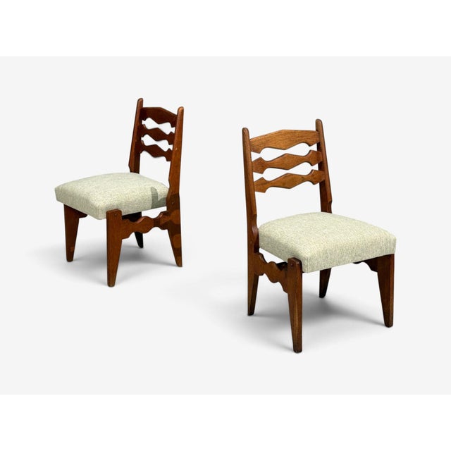Mid-Century Modern Guillerme & Chambron, Dining Chairs, Oak, Green Fabric, France, 1950s For Sale - Image 3 of 11