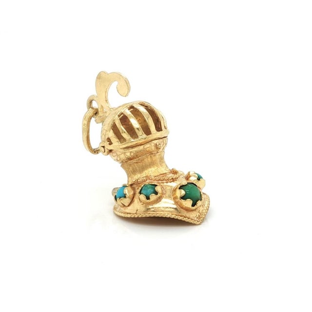 Mid 20th Century Mid 20th Century 18k Yellow Gold Turquoise Medieval Knights Helmet Charm Pendant For Sale - Image 5 of 9