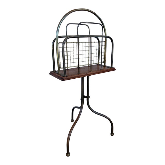 Edwardian Revolving Book or Magazine Stand in Brass and Oak, Circa 1900 For Sale