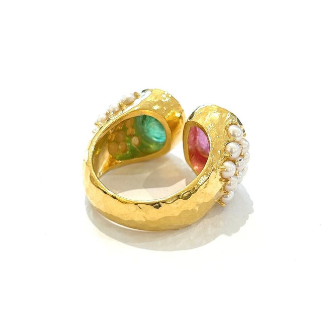 Gemstone Bochic "Orient" Red Ruby & Green Tourmaline Ring Set 18K Yellow Gold & Silver For Sale - Image 7 of 18