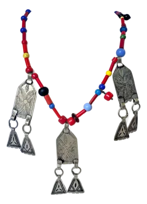 Mid 20th Century Hand Beaded Tuareg Berber Ethnic Tribal Moroccan Necklace With Silver Pendants