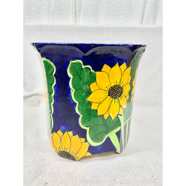 Blue Vintage Heavy Mexican Sunflower Planter For Sale - Image 8 of 12