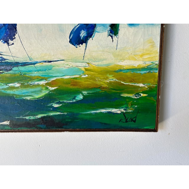 1970s 1970s Vintage Read Abstract Sailboats Oil Painting For Sale - Image 5 of 13