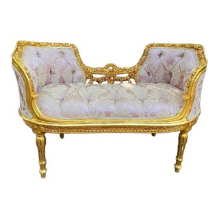 1970s French Louis XVI Gold Leaf Beech Pink Damask Settee For Sale