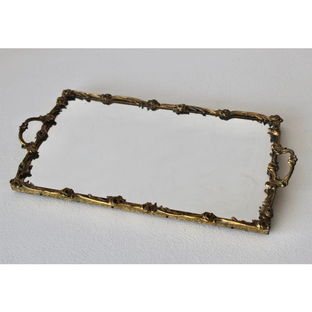 Vintage Mid-Century Rectangle German Style Floral Design Brass Frame Mirror Vanity Tray For Sale In Miami - Image 6 of 15