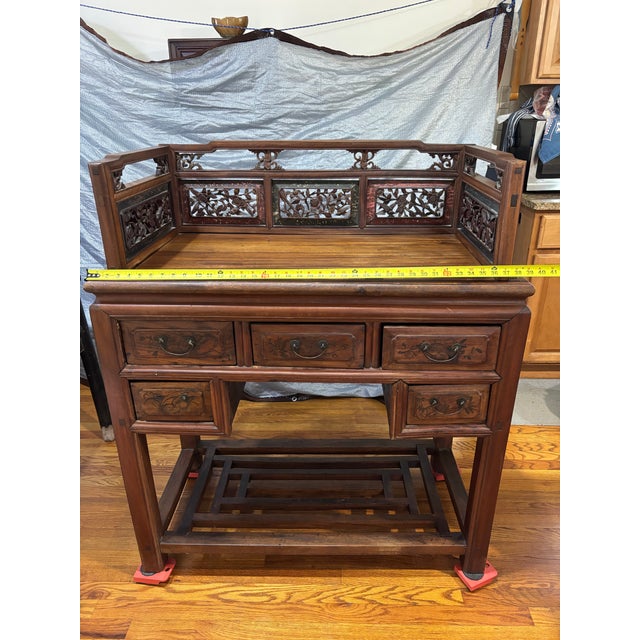 Antique Chinese Hand-Painted Orchid & Bamboo Hardwood Vanity Desk For Sale - Image 12 of 12