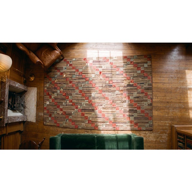 Brown 1900s Multi Color Diamond Folk Art Antique American Hooked Rug 5'9" X 8'2" Hand Knotted Fabric Wool Carpet For Sale - Image 8 of 9