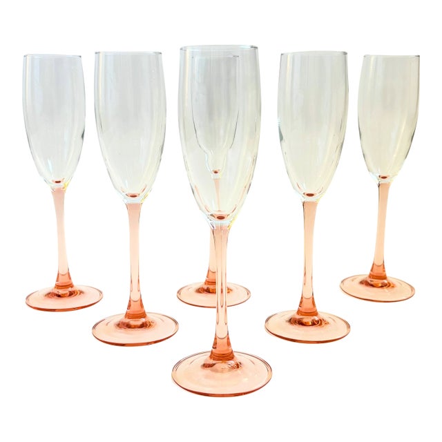 Late 20th Century Boho Chic Pink Stem Champagne Flutes - Set of 6 For Sale